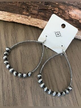 Silver Navajo Pearl Bead Teardrop Hoop Earrings